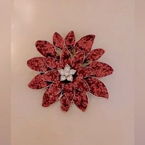 🌺🌸🌼Silver Tone Rhinestone Red Glitter Enamel Poinsettia Christmas Pin Brooch